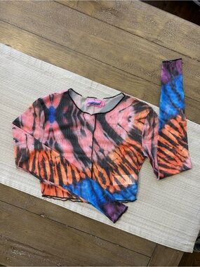 Edikted Mesh Tie-Dye Long Sleeve Crop Top – Sheer Y2K Grunge Multicolor Small